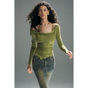PynkiSwear绿/棕 天丝羊毛 配色内衣套装荡领长袖T恤女设计感上衣