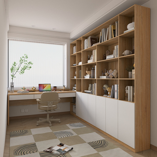 定制书柜带书桌一体，组合整墙书橱卧室书房，家用现代简约书架展示柜