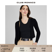 CLUB MONACO女装24春夏短款条纹显瘦修身黑色针织开衫