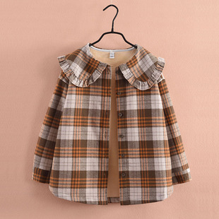 女童秋冬装格子衬衫，2024洋气中大童长袖，加绒加厚上衣儿童开衫