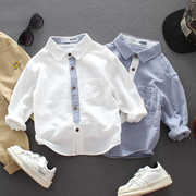 男童长袖衬衫纯棉春秋童装，宝宝白色翻领上衣，儿童帅气衬衣春装