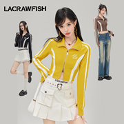 lacrawfish美式复古双头，拉链紧身长袖上衣女辣妹，针织开衫短外套
