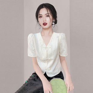 新中式盘扣v领雪纺衬衫，女2024夏季气质减龄时尚淑女短款上衣