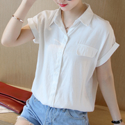 2024夏装韩版棉麻白衬衫，女显瘦百搭翻领亚麻衬衣，短袖女装宽松上衣