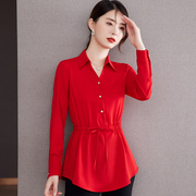 红色雪纺衬衫女春装2024长袖，收腰妈妈上衣，设计感宽松洋气衬衣