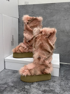 毛毛女靴2023冬季狐狸毛厚底(毛厚底)靴子女，羊皮毛保暖长筒外穿雪地靴