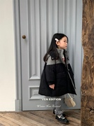 韩国原创女童黑色棉衣，男童洋气韩版拼接带帽加棉外套中长款气质