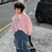 韩系儿童洋气粉色条纹衬衫，2023春秋韩版长袖，男童衬衣外套休闲