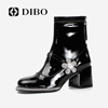 DIBO碲铂粗跟圆头漆皮短靴女2023年秋季百搭潮流瘦瘦靴弹力靴