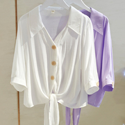 白衬衫女中袖2024夏季韩版宽松显瘦防晒系带短款大码V领上衣