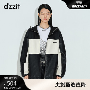 dzzit地素奥莱春秋简约文艺黑色印花拼接连帽皮衣棉服上衣女