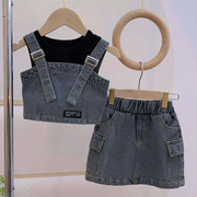 女童套装2024夏季牛仔背带，短裤宝宝儿童，韩版短袖t恤三件套裙