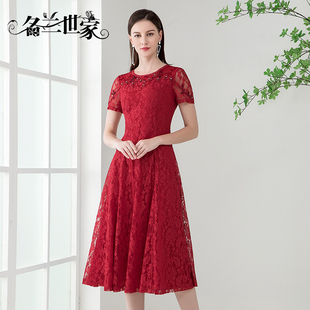 名兰世家原创设计红色蕾丝，连衣裙中长款夏妈妈(夏妈妈，)婚宴高端气质裙