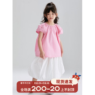 OLAMIMI定制 夏季女童嫩粉色特色小V领泡泡袖短袖衬衫