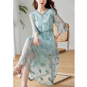 品牌杭州真丝连衣裙女2023年夏季法式时尚高端刺绣桑蚕丝裙子