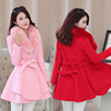 时尚毛领大衣春秋冬洋气外贸女装气质中长款修身红色呢子上衣外套