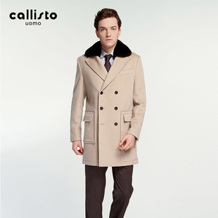 callisto卡利斯特男士秋冬毛领羊绒混纺中长款双排，扣时尚大衣外套