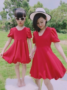 女孩酒红花苞裙亲子装夏季Y7女童蓬蓬裙泡泡袖法式连衣裙子母女装