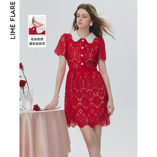 莱茵福莱尔中国红花边立体镂空刺绣连衣裙，2024春季高级感裙子
