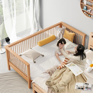 汤臣木业加床带护栏拼接床婴儿儿童床实木榉木床宝宝小床拼接大床