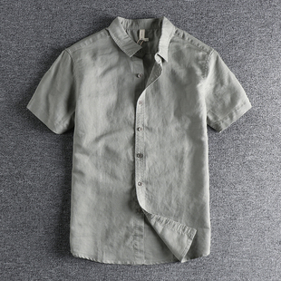 七个色清新复古纯色麻棉面料短袖，衬衫男日常百搭水洗舒适青年衬衣