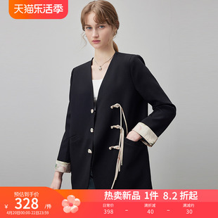 dfvc春季黑色中国风短款西装外套，女2024盘扣，宽松v领休闲西服