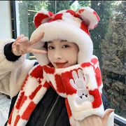 韩版可爱小熊三件套帽子女冬季加绒加厚保暖连帽围巾，手套三合一体