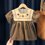 女童夏装衬衣韩版棉布刺绣衬衣儿童女宝宝娃娃衫圆领短袖纯棉上衣