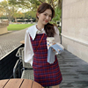 韩国chic秋季复古减龄娃娃领百搭长袖衬衫+格子背心连衣裙两件套