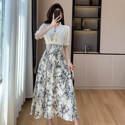 新中式国风水墨画假两件连衣裙女夏季收腰显瘦雪纺碎花长裙小个子
