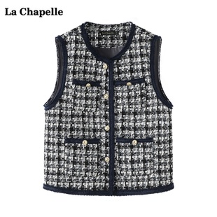 拉夏贝尔/La Chapelle小香风格纹马甲女春季气质无袖开衫上衣