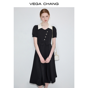 VEGA CHANG法式连衣裙女2024年夏季假两件撞色翻领气质长裙子