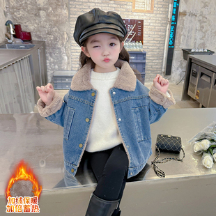 女童牛仔加绒外套，秋冬款2024洋气小女孩宝宝，韩版衣服儿童冬装