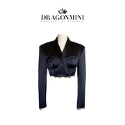 DRAGONMINI法式垫肩短款黑色蕾丝西装外套小众原创设计