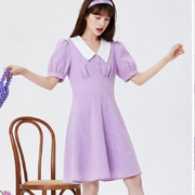 原单甜美气质撞色紫色格子，衬衫领连衣裙复古优雅通勤淑女裙子夏季