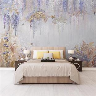 北欧手绘紫藤花鸟森林植物花卉壁纸客厅电视背景墙纸无缝壁画墙布