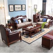 美式田园全实木沙发，欧式客厅真皮沙发小户茶几型组合轻奢棕色家具