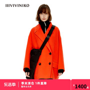 IIIVIVINIKO冬橘红色羊毛廓形立绒双面呢短大衣