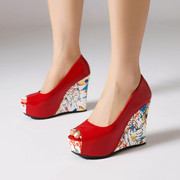 红色白色鱼嘴鞋高跟坡跟凉鞋女性感夏季松糕厚底大码小码女鞋 JYX