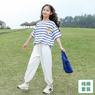女童装时髦套装洋气夏季纯棉，休闲运动网红儿童女大童夏装2023