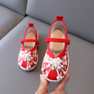 中国风女童汉服鞋串珠鞋子，儿童古风老北京绣花童鞋女宝宝古装布鞋