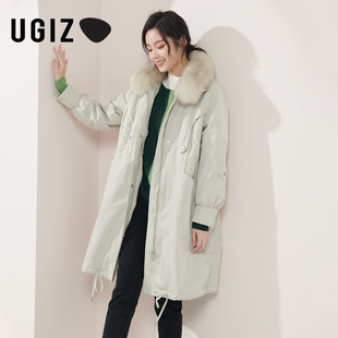 ugiz2021冬季韩版女装潮流，针织拼接中长款毛领外套女utdue922
