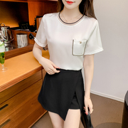 2023韩国气质显瘦圆领，网纱拼接套头短袖，雪纺衫女夏季薄款小衫