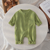 婴儿纱布长袖衣服宝宝纯棉哈衣透气新生儿绉纱连体衣绿色夏季薄款