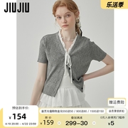JIUJIU法式甜美木耳边针织开衫女短袖夏季2024设计感系带上衣
