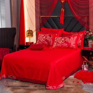 结婚四件套大红色婚嫁全棉贡缎，被套床单床上用品被子，喜被婚庆床品