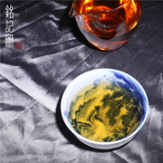 景德镇铭记窑青花矾红山水矮炉式杯全手工杯复古茶杯陶瓷中式茶具