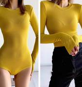 圆领连体衣女士秋冬洋气弹力修身黄色，长袖t恤性感紧身螺纹打底衫