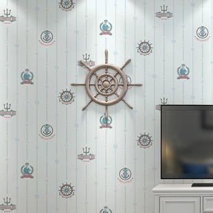 浅蓝色3d帆船卡通儿童房，男孩女孩卧室壁纸地中海竖条纹浮雕墙纸