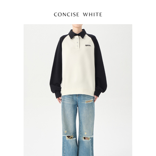CONCISE-WHITE简白 黑白拼接长袖POLO衫2023春季